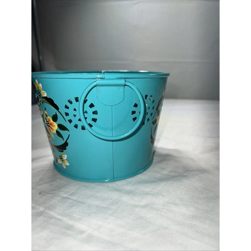 Hand painted Metal Teal Bucket